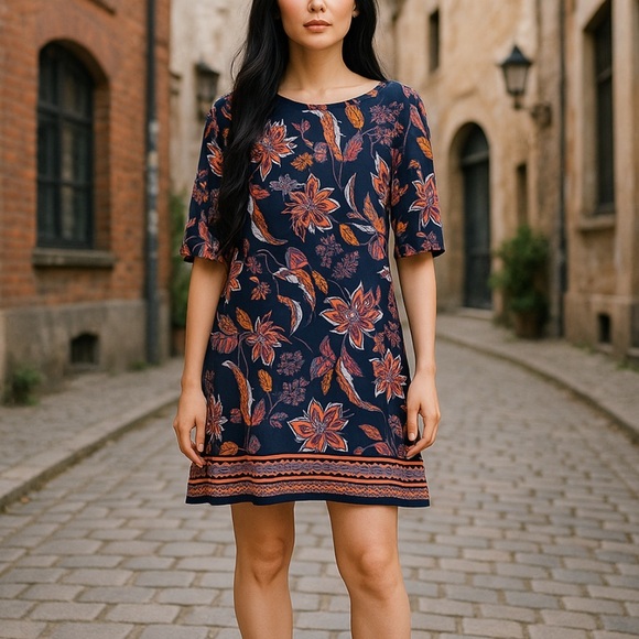 Vince Camuto Floral Shift Dress Size 12 Black Pink Navy 3/4 Sleeve Knee-Length - Picture 2 of 5